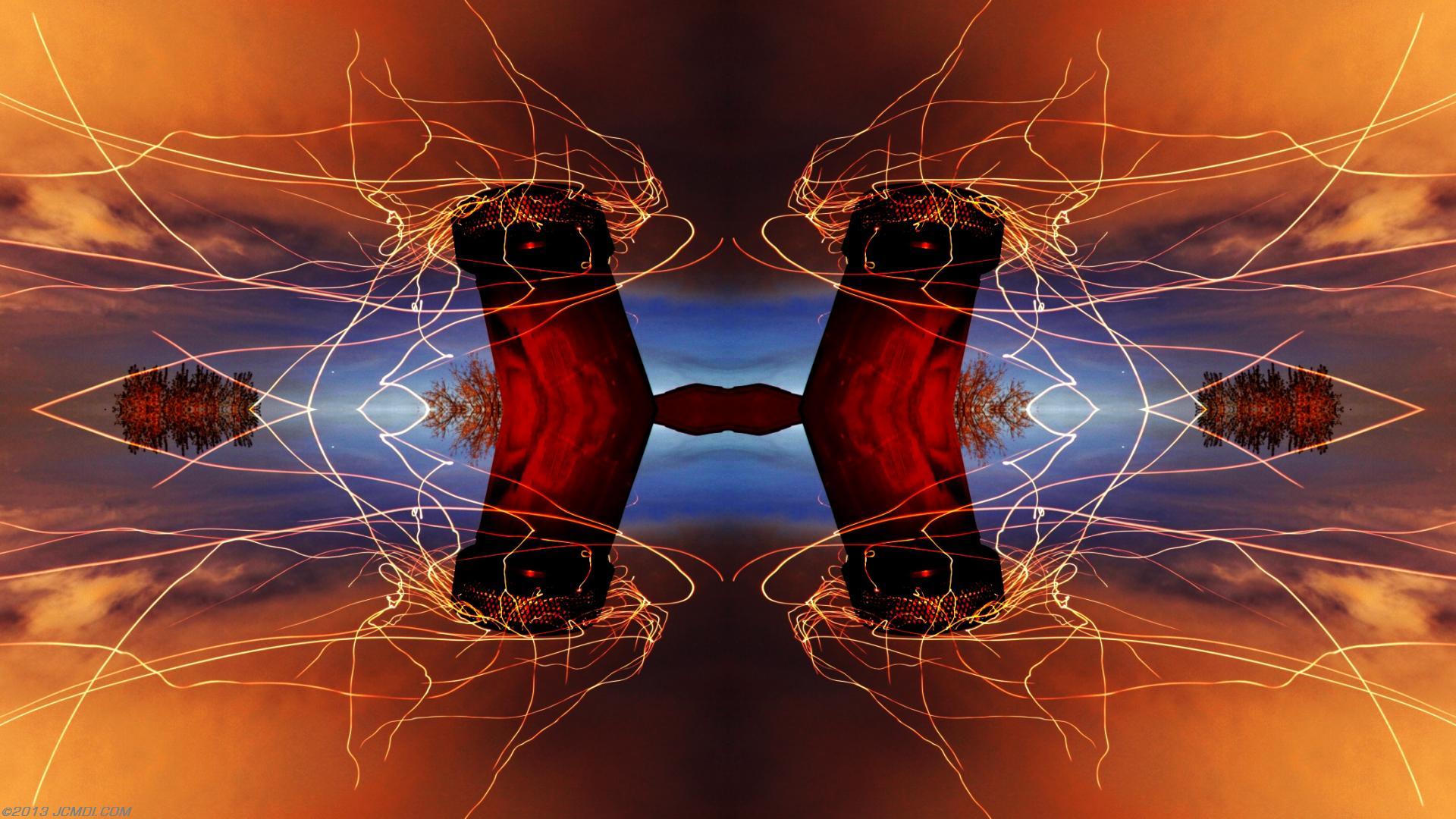 Quadroscopic composite trails: Zoomed 5D clouds moon chimney sparks and stars